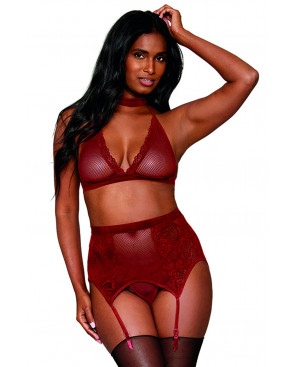 Ensemble 4 pièces soutien gorge, tour de cou, string et porte jarretelles rouge - DG11776GAR