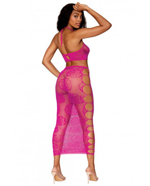 Ensemble Soutien-gorge et jupe longue en filet rose - DG0485BEE