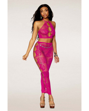 Ensemble Soutien-gorge et jupe longue en filet rose - DG0485BEE