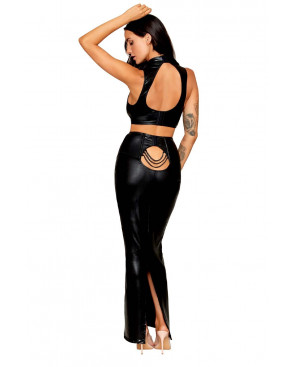 Ensemble Soutien-gorge et jupe longue noir en simili cuir - DG13198BLK