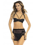 Ensemble 3 pièces noir, soutien gorge, jupette et string - REN53039-BLK