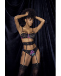 Deux-en-un, nuisette et ensemble trois pièces noir, tissu fleur exotique - MAL7496PRT