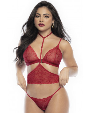 Ensemble lingerie trois pièces en dentelle rouge imprimée de cœurs - MAL8813RED