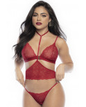 Ensemble lingerie trois pièces en dentelle rouge imprimée de cœurs - MAL8813RED