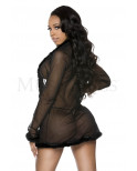 Déshabillé en fine résille et fausse fourrure noire - ML60119BLK