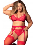 Ensemble 3 pièces rouge grande taille  soutien-gorge string porte-jarretelles - MAL8221XRED