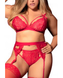 Ensemble 3 pièces rouge grande taille  soutien-gorge string porte-jarretelles - MAL8221XRED