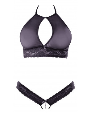 Soutien-gorge bandeau, en dentelle et résille noire et string ouvert - R2213648