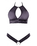 Soutien-gorge bandeau, en dentelle et résille noire et string ouvert - R2213648