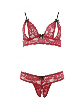 Soutien-gorge, bonnets ouverts, en dentelle rouge et string assorti - R2212447