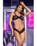 Ensemble deux pièces en dentelle noire et larges bretelles violettes imprimées - MAL8698BLK