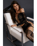 Ensemble extensible top et jupe jarretelles et bas - DG0317BLK