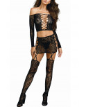 Ensemble extensible top et jupe jarretelles et bas - DG0317BLK