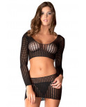 Ensemble noir top court manches longues et mini-jupe ajourés - REN7013-BLK