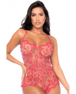 Combishort en dentelle transparente couleur cerise - MAL7543CHRY