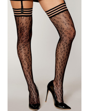 Bas résille dessin léopard avec jarretières noires/transparentes - DG0433BLK