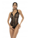 Bodystring Willa noir en vinyl et tulle avec laçage sur le devant - MAL2757GLBK