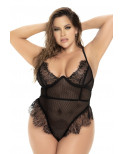 Body noir grande taille en résille et dentelle - MAL8707XBLK