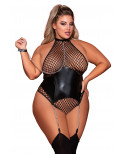 Body grande taille large résille et porte jarretelle simili cuir avec chainettes - DG12495XBLK