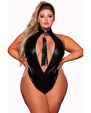 Body en simili cuir grande taille, extensible avec col clouté et fouet - DG12450XBLK