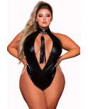 Body en simili cuir grande taille, extensible avec col clouté et fouet - DG12450XBLK