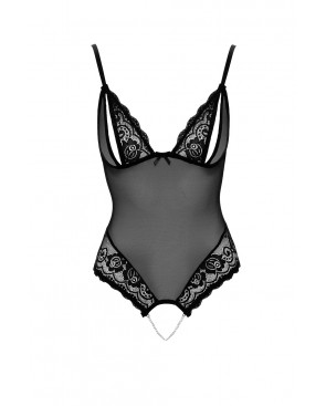 Body string en dentelle et résille noire avec perles à l'entrejambe - R2642425