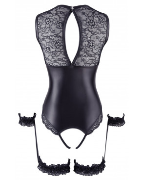 Body en dentelle et simili cuir ouvert avec menottes -  OR2642239BLK