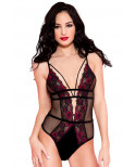 Body noir résille sexy bordures dentelle fleurie et ornements - ML80022BHP