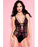 Body noir résille sexy bordures dentelle fleurie et ornements - ML80022BHP