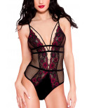 Body noir résille sexy bordures dentelle fleurie et ornements - ML80022BHP