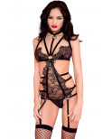 Body noir fétichiste dentelle à cils et lanières avec anneaux métal - ML20028BLK