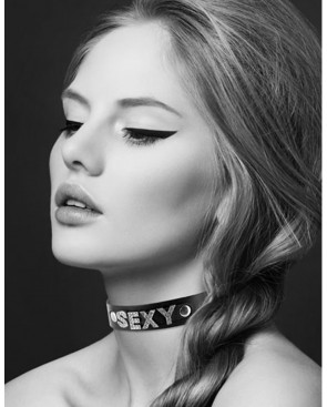 Collier en cuir noir SM avec Sexy en strass - CC6050120010