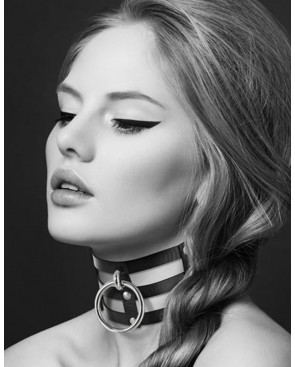 Collier en cuir noir SM triple lanière avec anneau métal argenté - CC6060060010