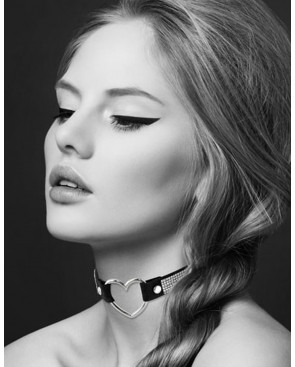 Collier en cuir noir SM avec bande de strass et coeur métal argenté - CC6060050010
