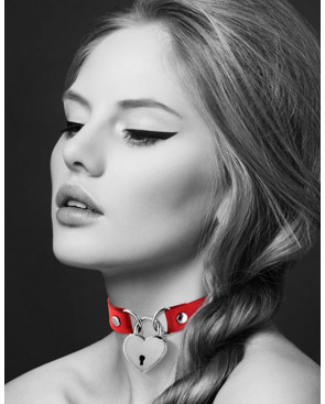 Collier en cuir rouge SM avec pendentif cadenas coeur argenté - CC6060040030