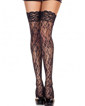 Bas noirs résille florale jarretières dentelle - MH4545BLK