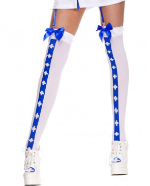Bas sexy blanc avec bande bleu croix nfirmière et noeuds satinés - MH4780WBL