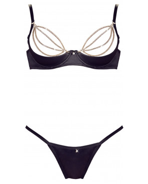 Soutien-gorge sexy demi-seins en satin avec chainette et string - OR2221179BLK