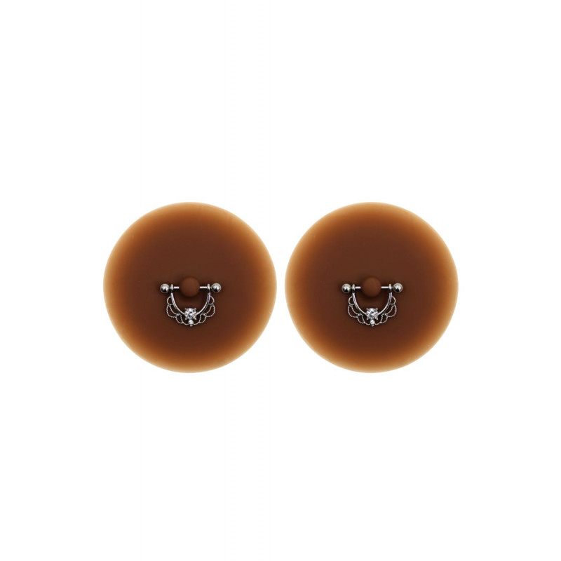 Paire de cache-tétons piercing barre demi-anneau faux diamant peau foncée - XP008F