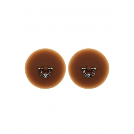 Paire de cache-tétons piercing barre demi-anneau faux diamant peau foncée - XP008F