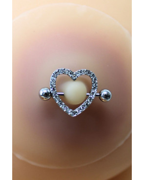 Paire de cache-tétons piercing barre coeur faux diamant peau claire - XP004C