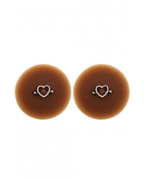 Paire de cache-tétons piercing barre coeur faux diamant peau foncée - XP004F