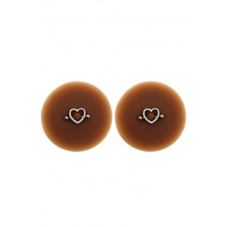 Paire de cache-tétons piercing barre coeur faux diamant peau foncée - XP004F