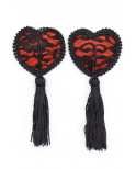 Paire de cache tétons adhésifs en forme de cœur avec dentelle noire et pompom - NP-0077