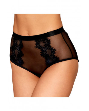 Culotte en résille et dentelle noire avec jarretelles roses - DG1485BLK