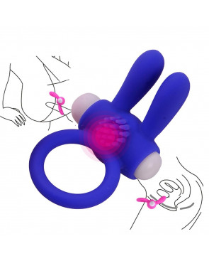 Anneau vibrant silicone bleu avec oreilles de lapin - COR-003BLU