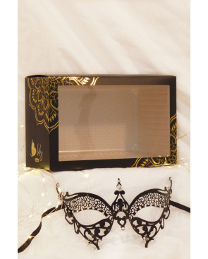 Masque vénitien Alida rigide noir avec strass  -  HMJ-026BK