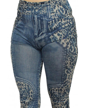 Legging bleu effet jean délavé imprimé léopard - FD1017