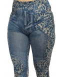 Legging bleu effet jean délavé imprimé léopard - FD1017