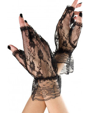 Gants ouverts noirs dentelle résille et volants sur les poignets - ML428BLK